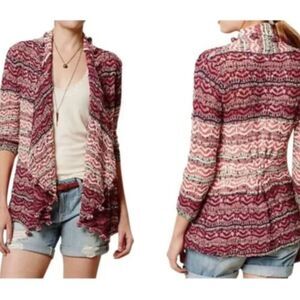 MOTH Anthropologie Burgundy Wool Cotton Blend 3/4 Sleeve Cardigan Womens Large